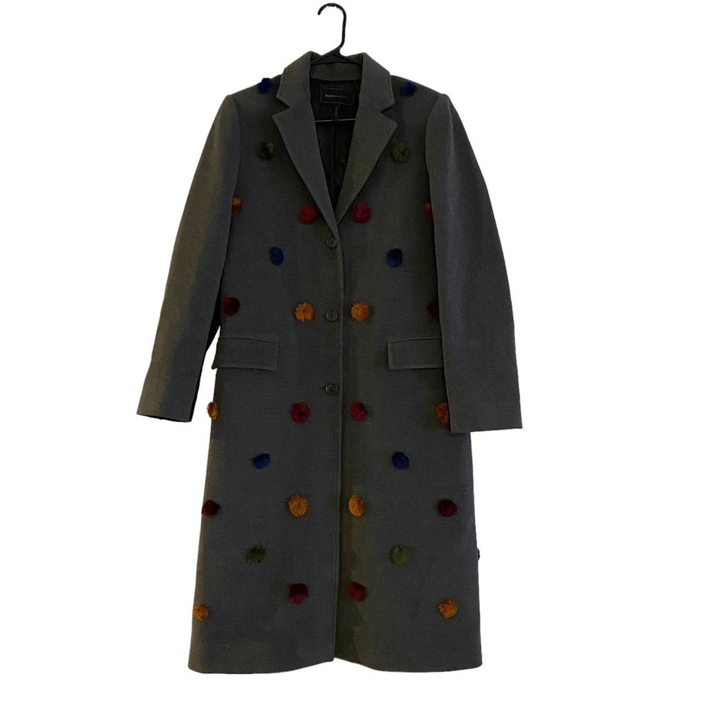 BCBGMaxazria Jaxson Pom-Pom Trench Coat S Grey and Multi Colored